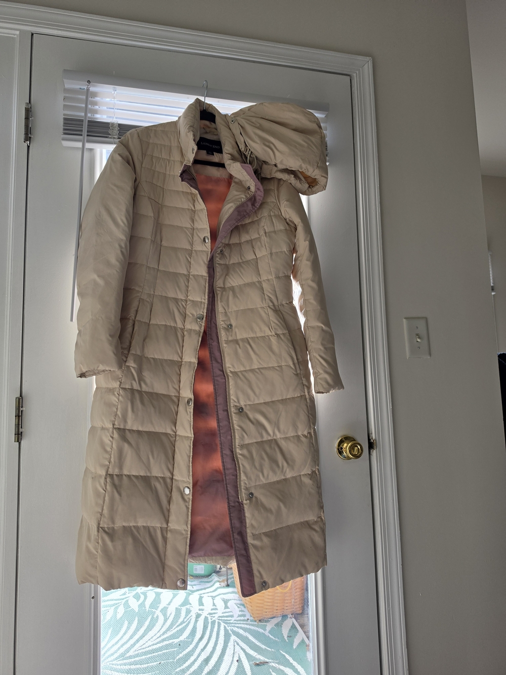 Lands' End Long Light Beige Quilted Puffer Coat with Hood